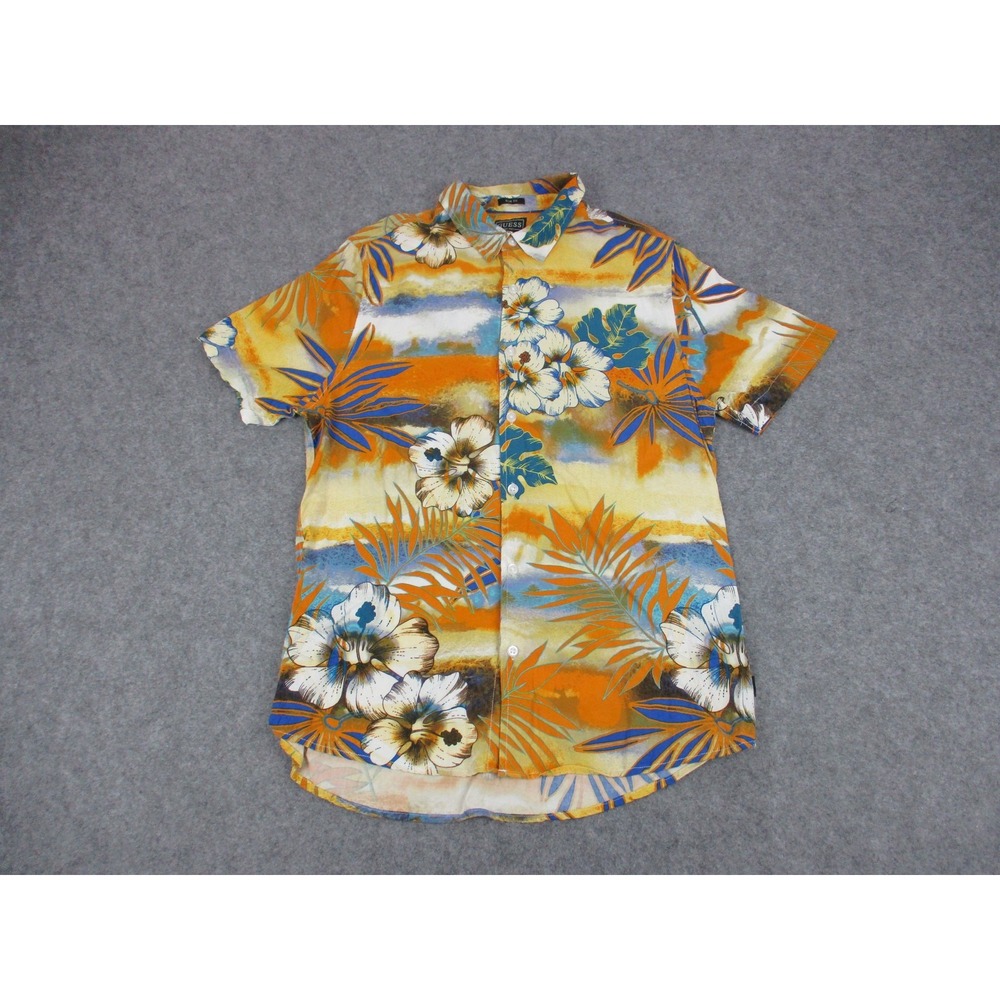 Guess Shirt Mens Medium Orange Floral Viscose Hawaiian Button Up Slim Tropical
